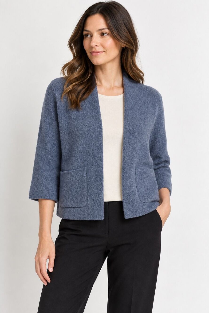 Eileen Fisher Blue Heather Wool Silk Boucle Open Front Cardigan Sweater Petite L - Picture 1 of 7